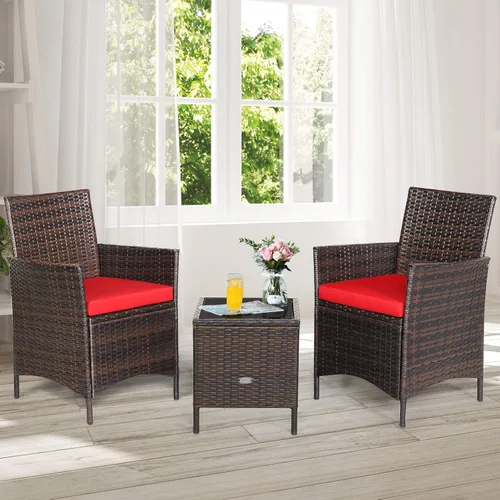 Miniatura 8 de Juego de muebles de patio de 3 piezas, muebles de mimbre para exteriores con cojín resistente al agua y mesa superior de vidrio templado, juego