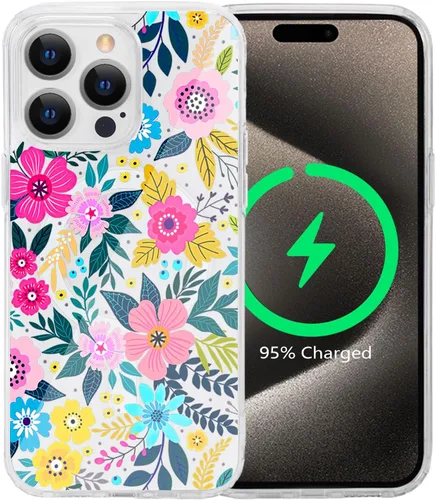 Miniatura 33 de Funda magnética de flores para iPhone 15 [compatible con MagSafe] Bonito patrón floral transparente a prueba de golpes