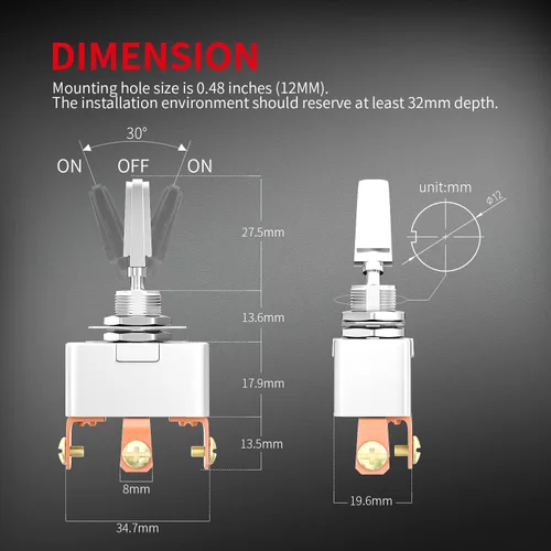 Miniatura 3 de DaierTek Interruptor de palanca de 3 posiciones ON-OFF-ON, 50 amperios, 12 V, resistente, 3 vías, SPDT, 3 pines, 12 voltios, para automóvil