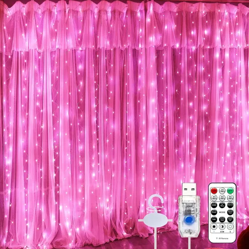 Miniatura 7 de Luz de cortina blanca cálida para dormitorio, 300 LED, 3m x 3m, luz de cadena de hadas para ventana con 16 ganchos, 8 modelos, control remoto