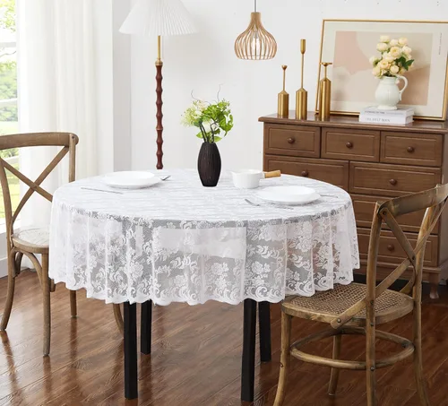 ASATEX Mantel redondo de encaje blanco de 70 pulgadas. El patrón floral clásico y elegante es la elección ideal para cualquier comedor de lujo,