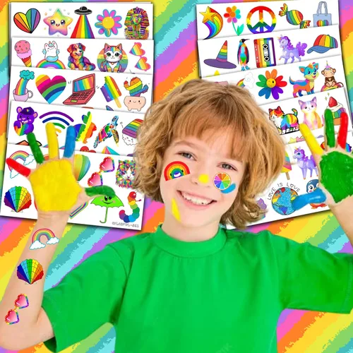 Miniatura 2 de 100 tatuajes temporales coloridos para niños y adultos, calcomanías falsas de neón arco iris, recuerdos de fiesta de cumpleaños