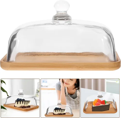 Miniatura 6 de Hemoton Plato de vidrio transparente para tartas con base de madera y cubierta de cúpula – 6.69 x 4.52 x 3.50 pulgadas, bandeja de postre