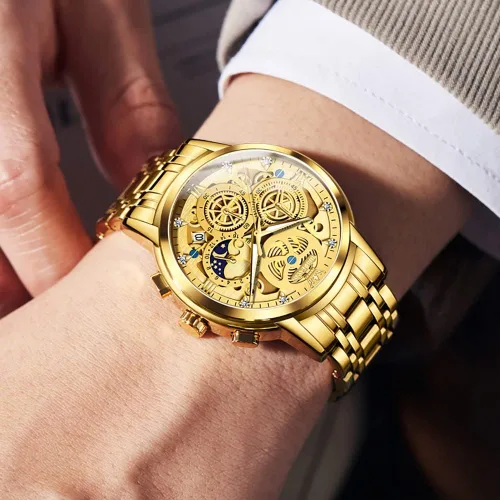 Miniatura 4 de OLEVS Reloj de pulsera para hombre, esqueleto de acero inoxidable, cronógrafo de cuarzo de lujo, impermeable, relojes luminosos para hombre