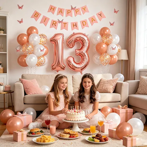 Miniatura 7 de 13th Birthday Decorations For Girls -Rose Gold Pearl White Balloons, 32 Inch Rose Gold "13" Balloon, 3D Butterflies Stickers, Happy Birthday Banner