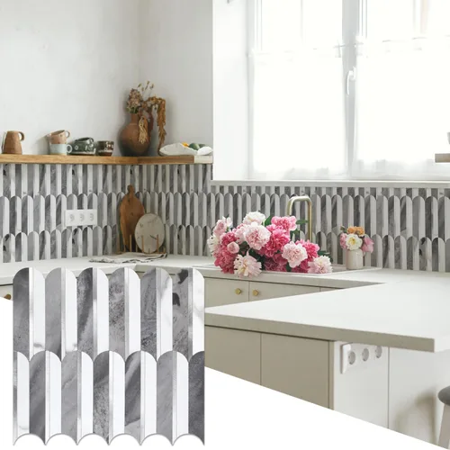 Miniatura 11 de 10 hojas de escamas de pescado para despegar y pegar para azulejos de pared de cocina, 12 pulgadas, mármol marrón, mezcla de metal dorado, azulejos