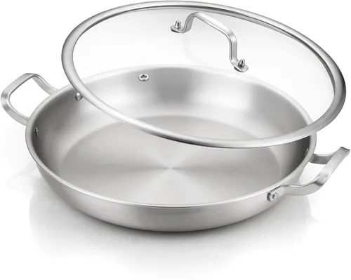 Miniatura 7 de DELARLO Sartén con tapa, sartén de acero inoxidable de tres capas, sartén antiadherente de 10 pulgadas, sartenes y sartenes, sartén antiadherente