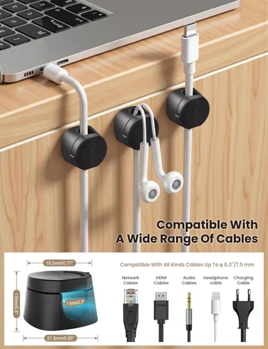 Miniatura 3 de Kanemc Clips de cable para escritorio, organizador magnético de alambre giratorio de 360°, gestión de cables autoadhesivos para escritorios