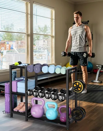 Miniatura 6 de FHXZH Soporte para mancuernas de 3 niveles, soporte de pesas ajustable para gimnasio en casa, soporte de peso resistente para mancuernas, pesas Negro