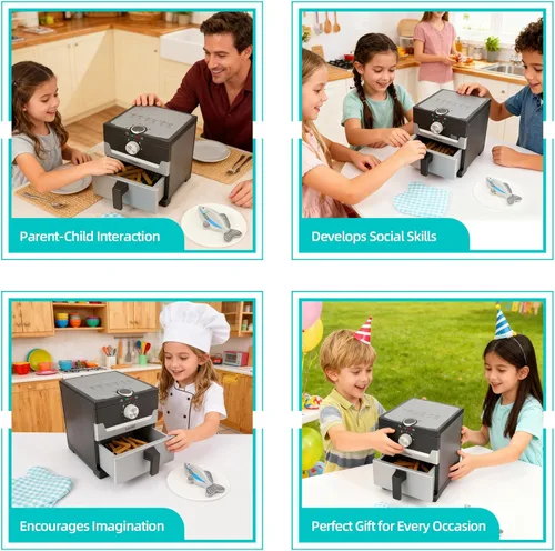 Miniatura 5 de Freidora de aire de madera, 15 piezas, juego de olla a presión de 18 piezas para niños, juguete de cocina con accesorios de alimentos, utensilios