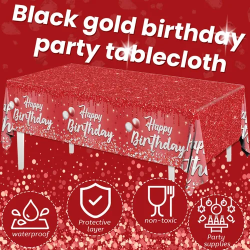 Miniatura 5 de Paquete de 3 Manteles de Feliz Cumpleaños Manteles Negros y Dorados Cubierta de Mesa de Plástico Mantel Rectangular de Cumpleaños para Mujeres