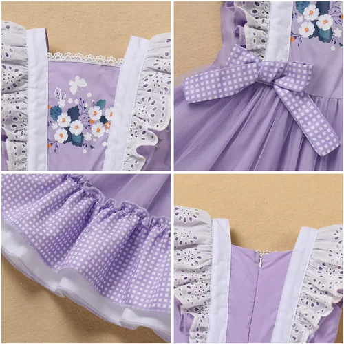 Miniatura 5 de Vestido de princesa a cuadros para bebé, sin mangas, vintage, de encaje, a cuadros, vestido de princesa acampanado con diadema