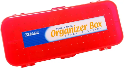 Caja organizadora de doble cubierta, 8.25 x 3.25 x 1.5 pulgadas, 2 lados con pestillo, 5 compartimentos (1 paquete, color aleatorio: negro, rojo,