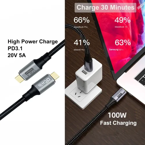 Miniatura 4 de DCHAV Cable USB 4 USB C a USB C 8K HD Display Video 40 Gbps Transferencia de datos 100W Cable de carga rápida USB4 tipo C a tipo C Cable trenzado