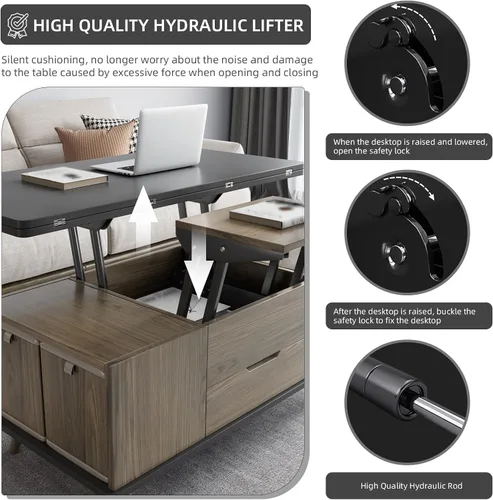 Miniatura 5 de Mesa de centro elevable con 4 taburetes de poliuretano, mesa de centro clásica de color negro con contraste marrón que se convierte en mesa