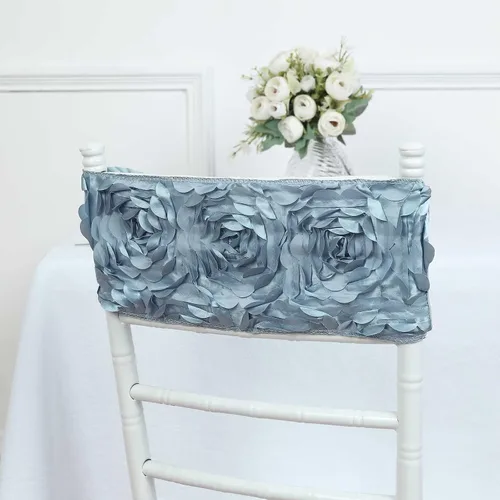 Miniatura 6 de Tableclothsfactory Paquete de 5 bandas de satén azul polvoriento, roseta de elastano, para banquetes de boda, fiesta, banquete, decoración de eventos
