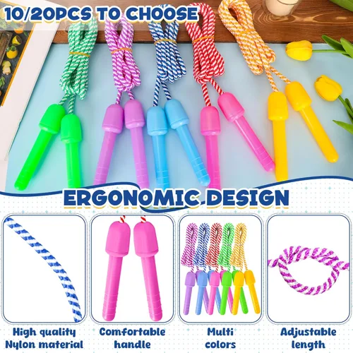 Miniatura 3 de Paquete de 10 cuerdas de saltar para niños, coloridas cuerdas de saltar de nailon para niños, longitud ajustable de 7.87 pies, asas de 5.51