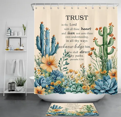 Miniatura 10 de LB Get Naked - Cortina de ducha de cactus con citas divertidas, plantas tropicales, suculentas, verdes, acuarela, cactus y flores, cortinas de ducha