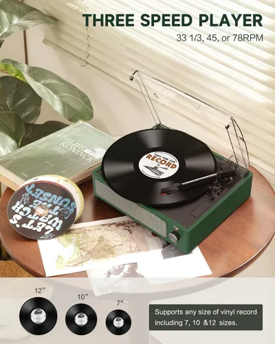Miniatura 2 de Tocadiscos de vinilo con altavoces, receptor inalámbrico de 3 velocidades, fonógrafo LP de transmisión por correa, auriculares AUX RCA, parada Verde