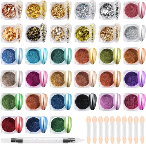 Polvo de uñas cromado de 23 colores, 10 colores irregulares de lámina con purpurina, copos dorados para decoración de uñas, arte holográfico grueso