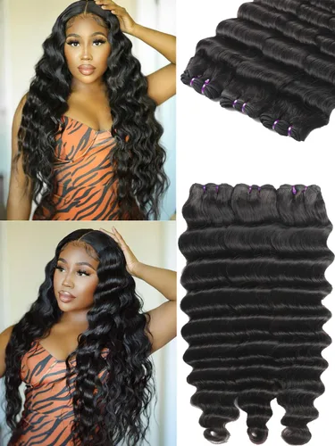 Miniatura 10 de Paquetes de cabello brasileño suelto de onda profunda con cierre, 3 paquetes y cierre de cabello humano de 10, 12, 14+10 pulgadas, 100% sin