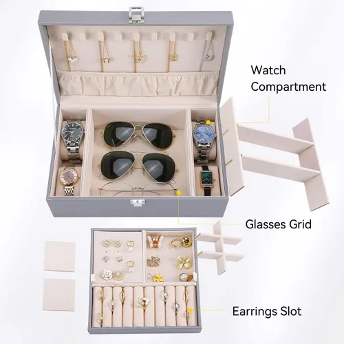 Miniatura 4 de LANDICI Joyero organizador para mujeres y niñas, estuche grande de 2 capas para hombres con bandeja extraíble, soporte de almacenamiento de joyas