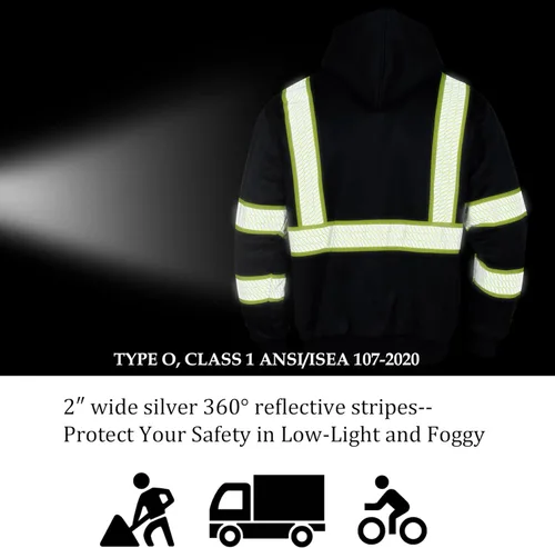 Miniatura 6 de VENDACE Sudadera con capucha para hombre, ANSI Clase 3, alta visibilidad, reflectante, de lana, con cremallera, con parte inferior negra (negro, 3XL)