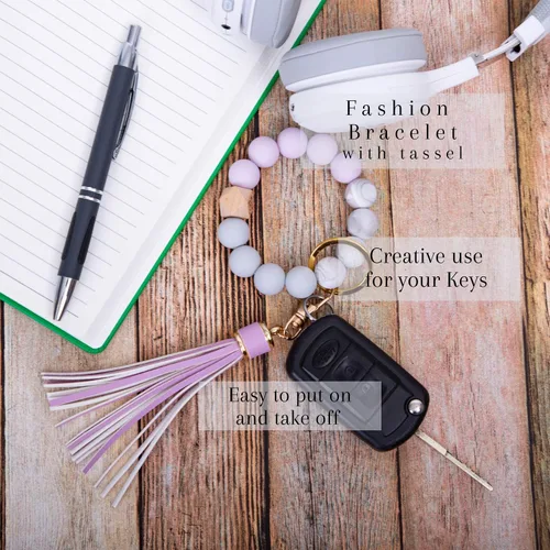 Miniatura 16 de dizzy creek designs Llavero pulsera, pulsera de cuentas de silicona para mujer, llavero con borla de cuero