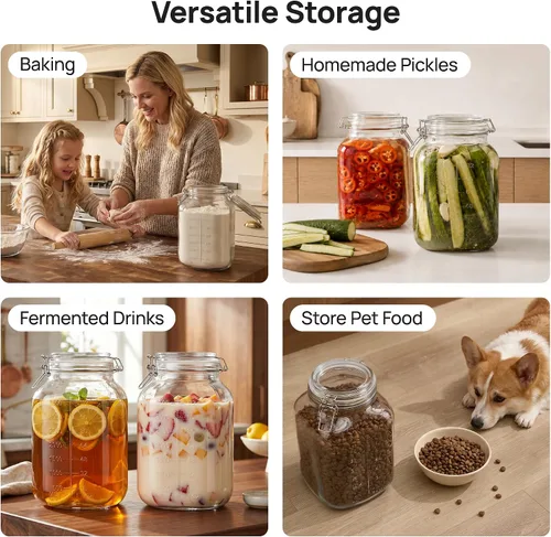 Miniatura 7 de Vtopmart Paquete de 2 tarros de almacenamiento de vidrio de 1.1 galones con tapas de abrazadera herméticas, recipientes cuadrados de 140 onzas