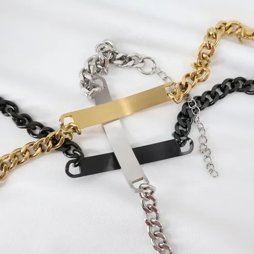 Miniatura 4 de Pulsera Grabada Personalizada con Escritura a Mano Personalizada o Texto Mecanografiado Pulsera de Cadena Bordillo de Acero Inoxidable en Acabado