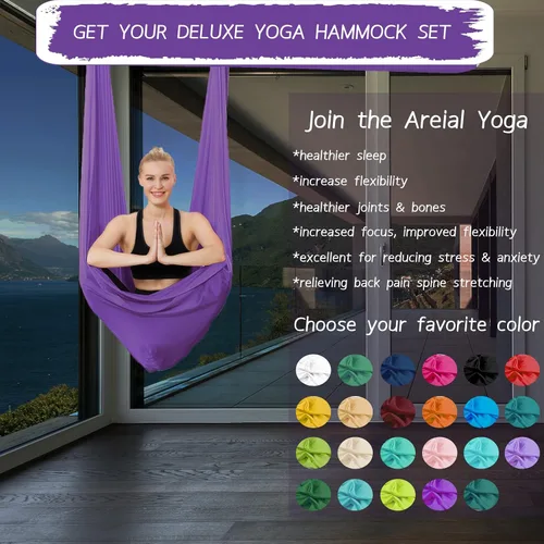 Miniatura 3 de Juego de columpio de yoga de seda aérea de 5.5 yardas - Kit de hamaca de yoga aérea antigravedad volador para fitness, tela de tricot de nailon