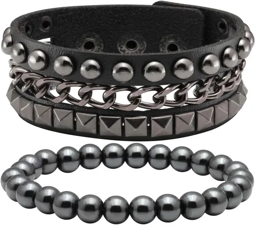 Miniatura 4 de Eigso Pulseras de cuero punk para hombres y mujeres, pulsera de cadena con tachuelas para hombre y mujer, Cuero, No es una piedra preciosa