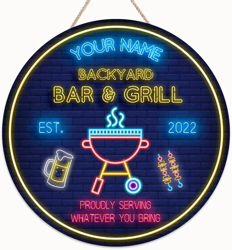 Miniatura 16 de Artsy Woodsy Letrero personalizado para bar y parrilla en el patio trasero (no tallado o neón), decoración de placa artística de pared, accesorios