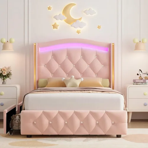 Miniatura 8 de Hifit Base de cama LED, tamaño individual, cabecera capitoné con botones de cristal, 4 cajones, moderna, piel sintética, de princesa, para niñas,