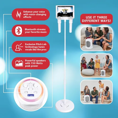 Miniatura 3 de Singing Machine Máquina de karaoke portátil para adultos y niños con 2 micrófonos inalámbricos, escenario en casa (blanco) - Altavoz de karaoke