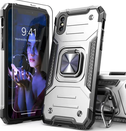 Miniatura 19 de Funda protectora ligera para iPhone Xs con protector de pantalla, absorción de golpes, resistente a prueba de caídas con soporte para automóvil