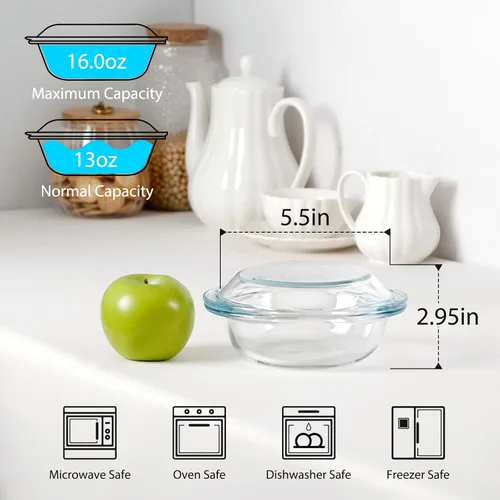 Miniatura 2 de Plato de Cazuela Mini de Vidrio de 13OZ con Tapa, Utensilio de Hornear Seguro para Horno de 5.5 Pulgadas con Asas, Tazón de Vidrio Seguro
