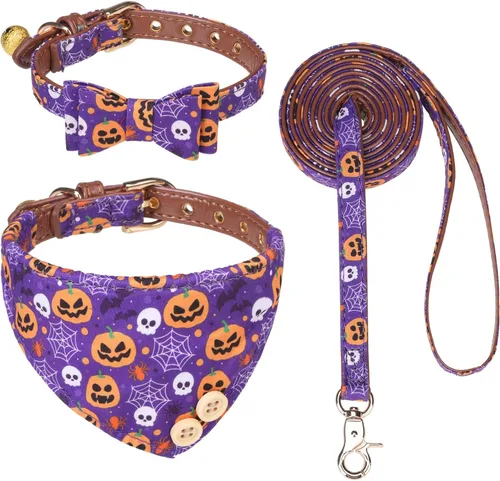 Miniatura 17 de EXPAWLORER Juego de collar y correa para perro - Corbata de moño clásica a cuadros para perro y collar bandana para perro con campana, correa