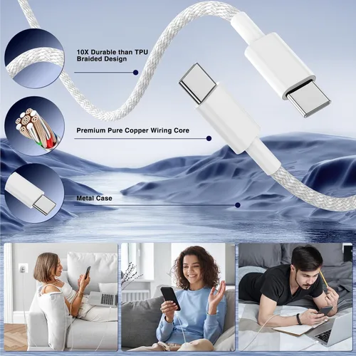 Miniatura 4 de USB C de carga súper rápida de 65 W para iPhone 17 16 Pro Max, bloque de carga USB C de 3 puertos de 100 W PD y cable trenzado tipo C de 3/6/6/10