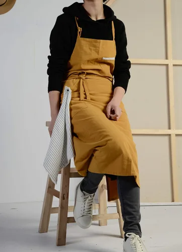 Miniatura 5 de Delantal ajustable de lino de algodón suave estilo nórdico japonés con cuatro bolsillos una toalla Amarillo ámbar