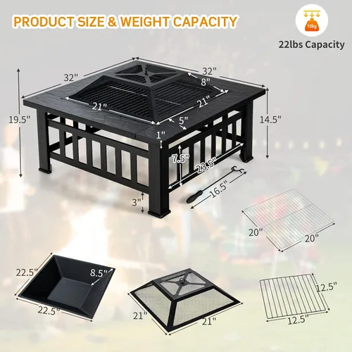 Miniatura 5 de Tangkula Chimenea 3 en 1 para exteriores, chimenea cuadrada de acero de 32 pulgadas con pantalla de chispa, rejilla de troncos, parrilla