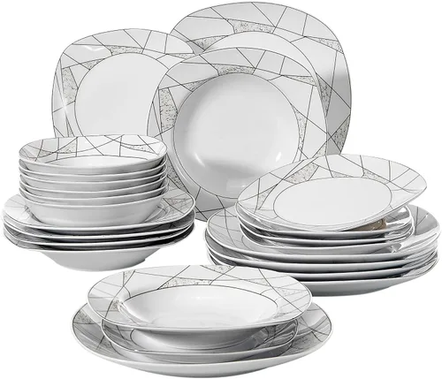 Miniatura 10 de VEWEET, Serie Fiona - Juego de vajilla de 30 piezas para 6 personas, blancos con rayas negras y grises, vajilla de porcelana de platos de postre
