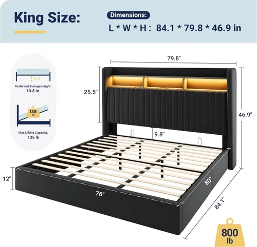 Miniatura 2 de Allewie Marco de cama de almacenamiento hidráulico elevable, tamaño King, cabecero de estante de 2 niveles con luces LED y estación de carga, Negro