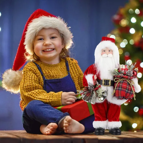 Miniatura 4 de AGM Figura decorativa navideña de Papá Noel de 12 pulgadas con bolsa de regalos y 2 campanas para fiestas navideñas y decoración del hogar