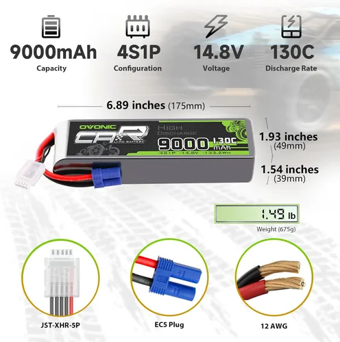 Miniatura 2 de OVONIC 4S LiPo Batería 9000mAh 14.8V 130C RC Batería con conector EC5 (paquete de 2)