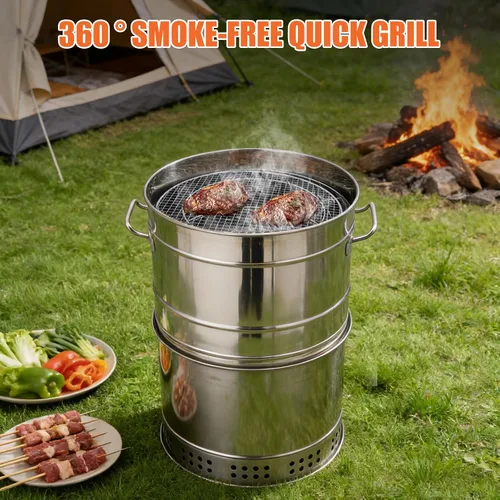 Miniatura 6 de Barril Para Asar Carne - Parrillas de carbón portátiles grandes con gancho en S a la parrilla con clip de pescado inoxidable 360° sin humo al aire