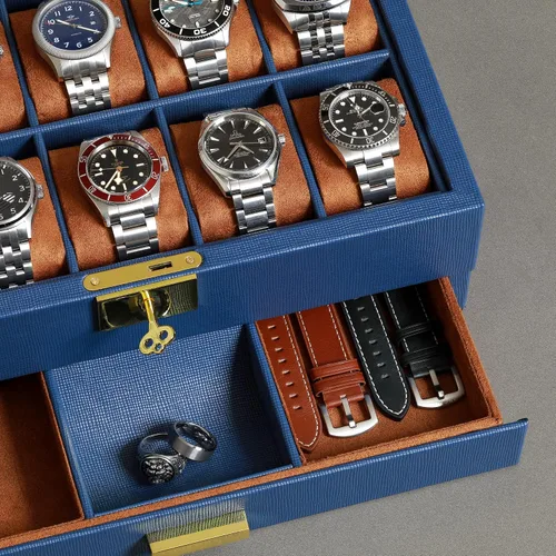 Miniatura 27 de ROTHWELL Caja de reloj de cuero de 10 ranuras con cajón de valet, organizador de exhibición de lujo con forro de microgamuza ultrasuave, soporte