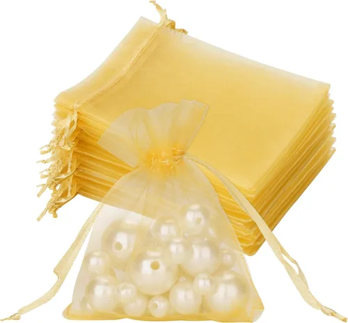 Joycraft 50 bolsas de organza, bolsas de regalo de favor de 2.7"x3.5", tul dorado transpirable con cordón, malla transparente para bodas, joyas,