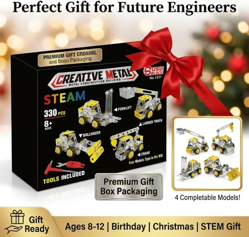 Miniatura 7 de Juego de erector para niños de 8 a 12 años, 4 mini modelos de metal para niños, 330 juguetes de construcción STEM, juego de construcción