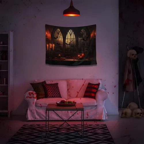 Miniatura 5 de QGHOT Tapiz de Halloween para colgar en la pared, tapiz de castillo de terror con ventana gótica, fondo espeluznante medieval, tapices